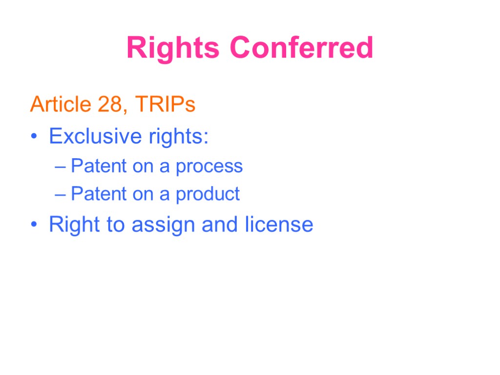 Rights Conferred Article 28, TRIPs Exclusive rights: Patent on a process Patent on a